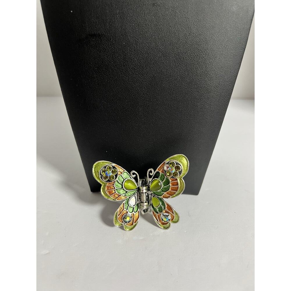 Vintage Rhinestone Green Orange Butterfly Hair Clip 2” H